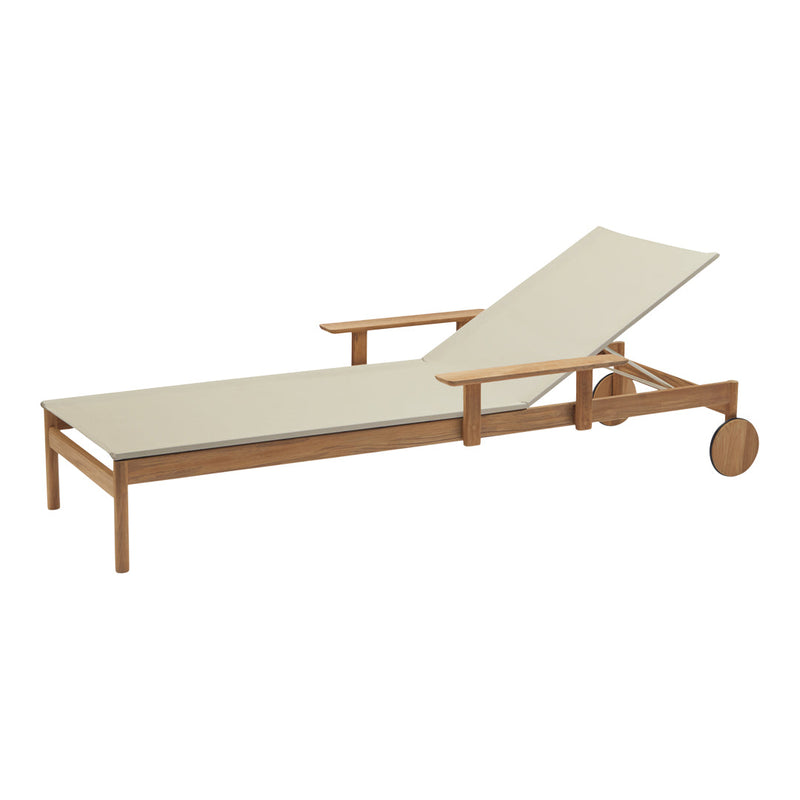 Cream-colored canvas chaise lounge with a natural wood frame and simple, elegant design. Perfect for outdoor relaxation.
