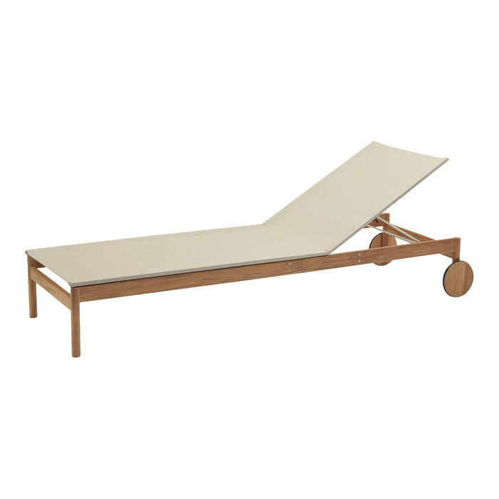 Cream canvas lounge chair with a natural wood frame and sleek, minimalist design, perfect for outdoor relaxation.