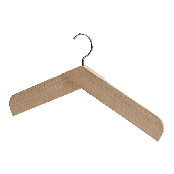 Natural wood color hanger with smooth finish and sleek metal hook. Ideal for minimalist storage solutions.