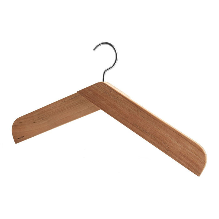 Natural wood hanger with a sleek, minimalistic design and a metallic hook, showcasing warm brown hues and smooth finish.