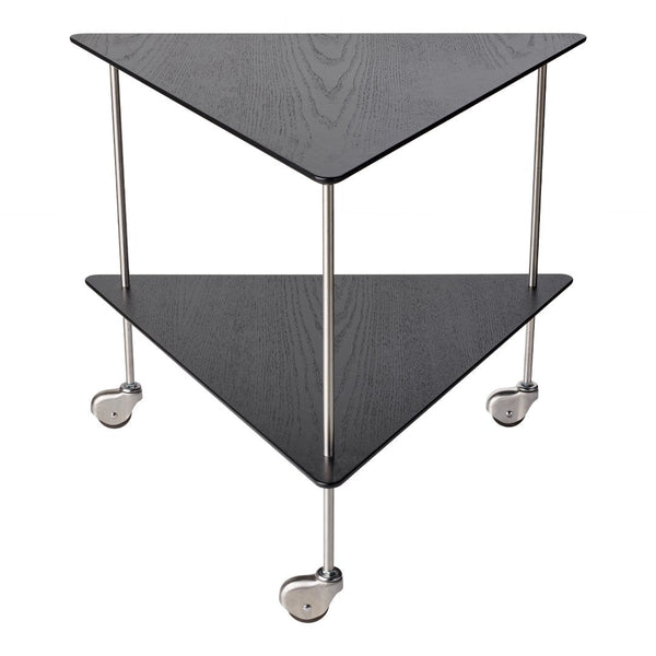 Black triangular shelves with a sleek design and metallic accents, featuring a modern minimalist aesthetic.