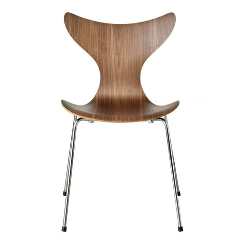 Stylish wooden chair in warm brown with a smooth curved design and sleek chrome legs for a modern look.
