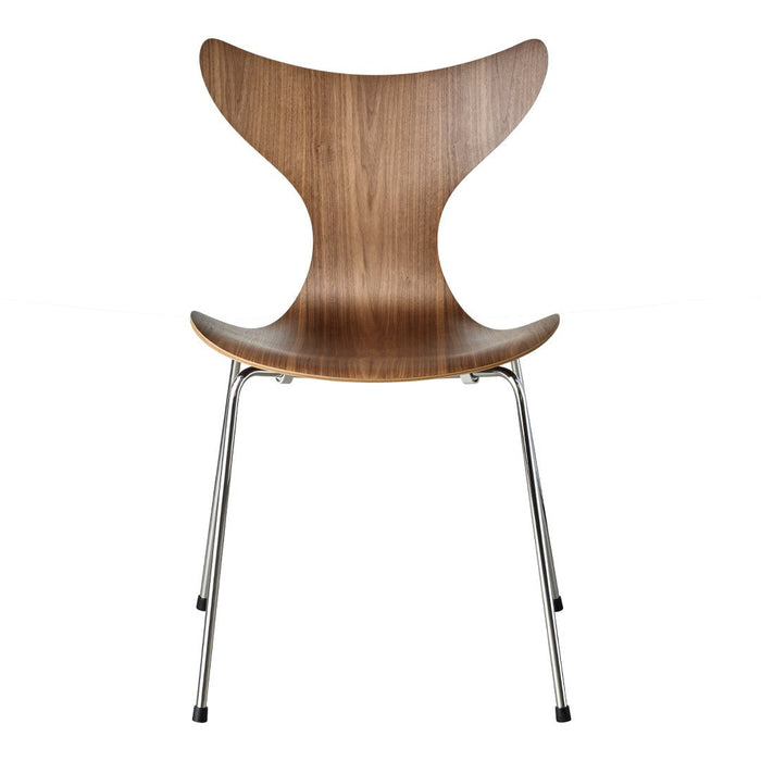 Stylish wooden chair in warm brown with a smooth curved design and sleek chrome legs for a modern look.
