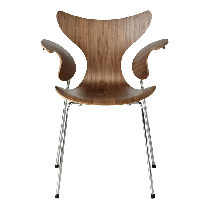 Mid-century walnut chair with smooth, curved lines and metallic legs, showcasing a natural wood grain pattern.