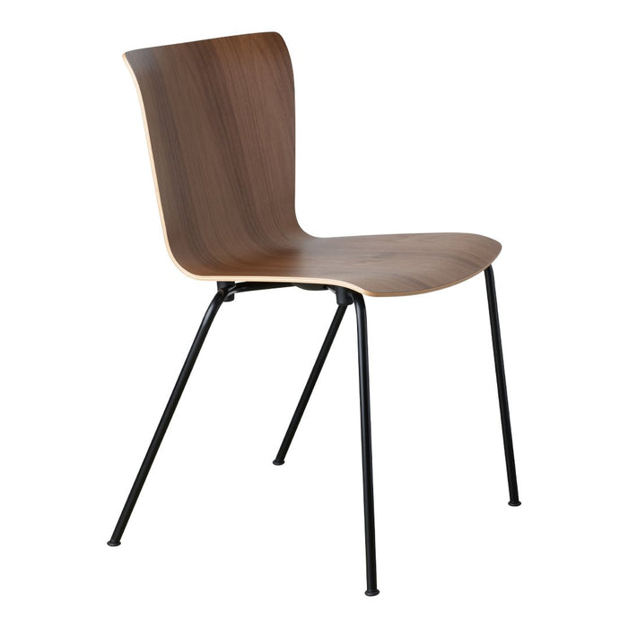 Wooden chair with a smooth walnut finish and sleek black metal legs. Minimalist design with natural tones.