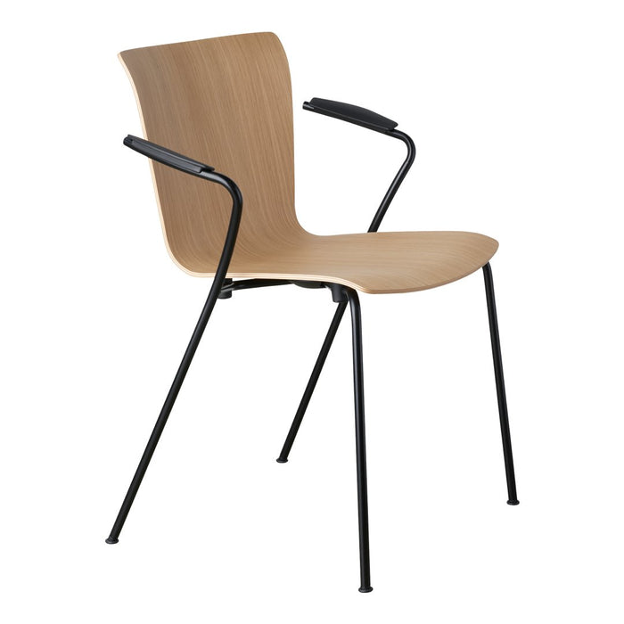 Light oak wooden chair with sleek black metal frame, modern design, and curved backrest. Perfect for minimalist decor.