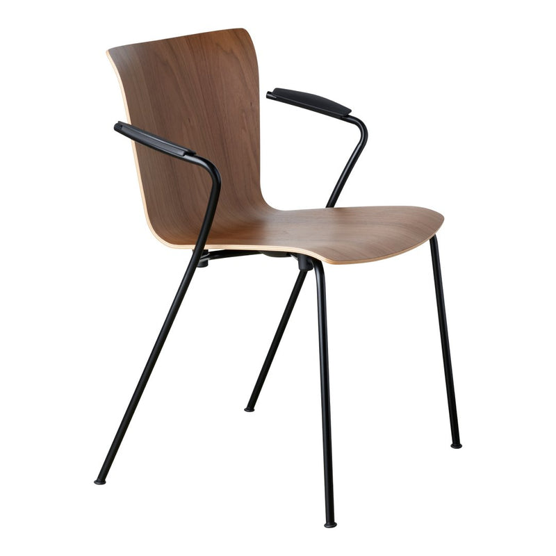 Modern chair featuring a warm wood finish and sleek black metal legs, combining minimalist design with natural tones.