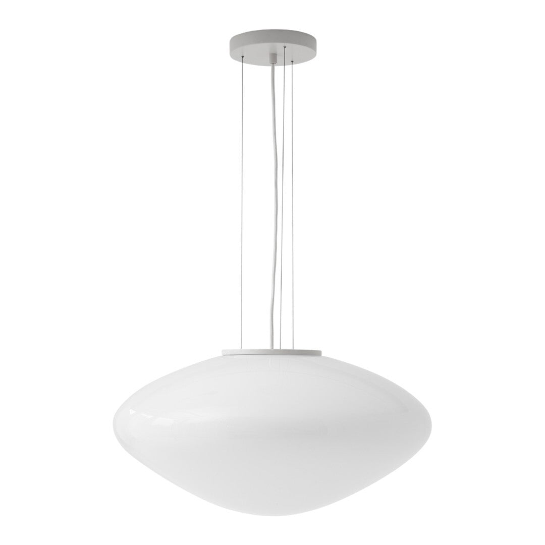 White glass pendant lamp with a sleek, modern design and subtle glossy finish, hanging from a silver ceiling mount.