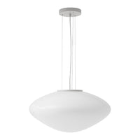 White glass pendant lamp with a sleek, modern design and subtle glossy finish, hanging from a silver ceiling mount.
