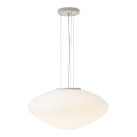 White pendant lamp with a smooth, rounded design and sleek metallic ceiling mount. Ideal for modern decor.