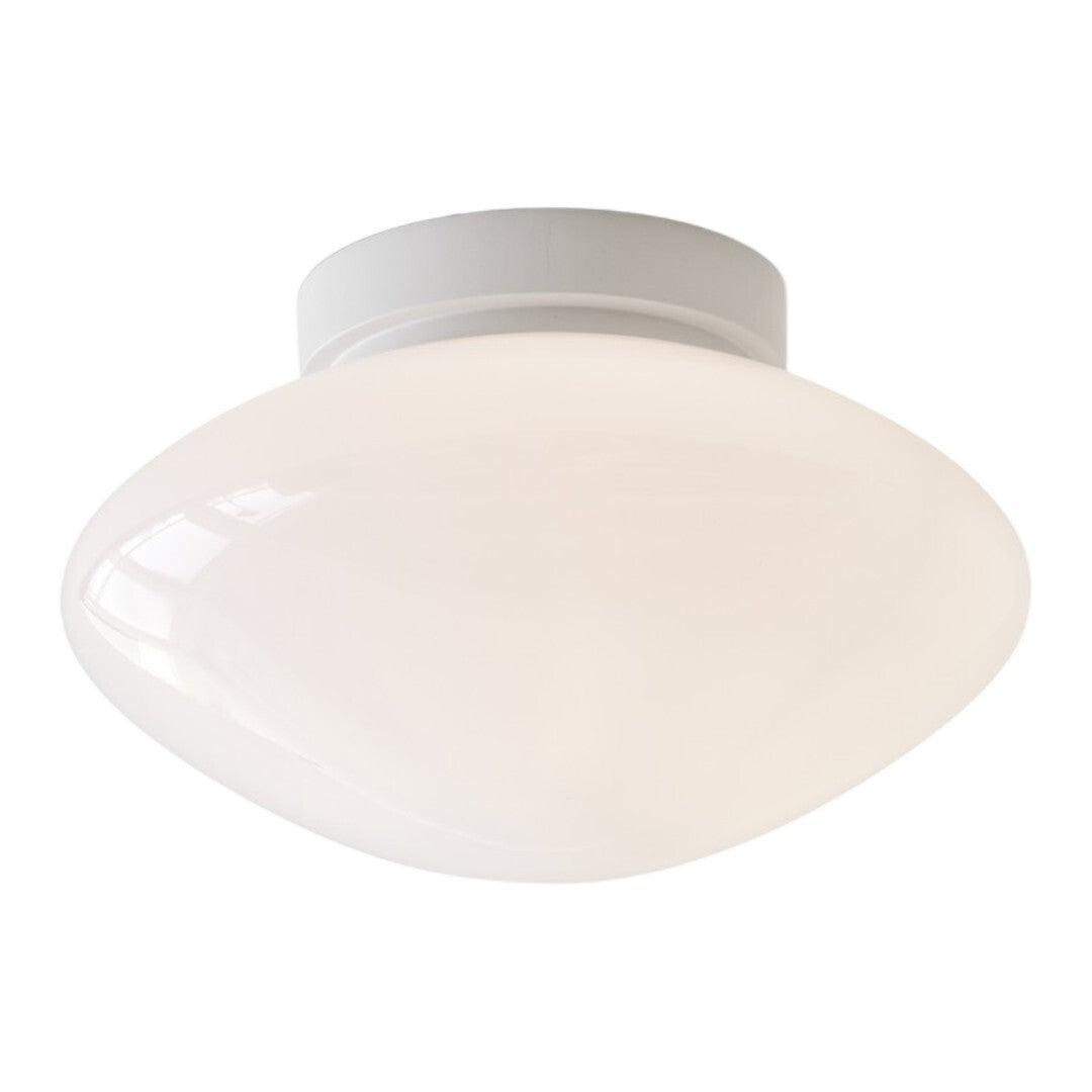 White glass ceiling light with a sleek, modern oval shape, perfect for minimalist decor.