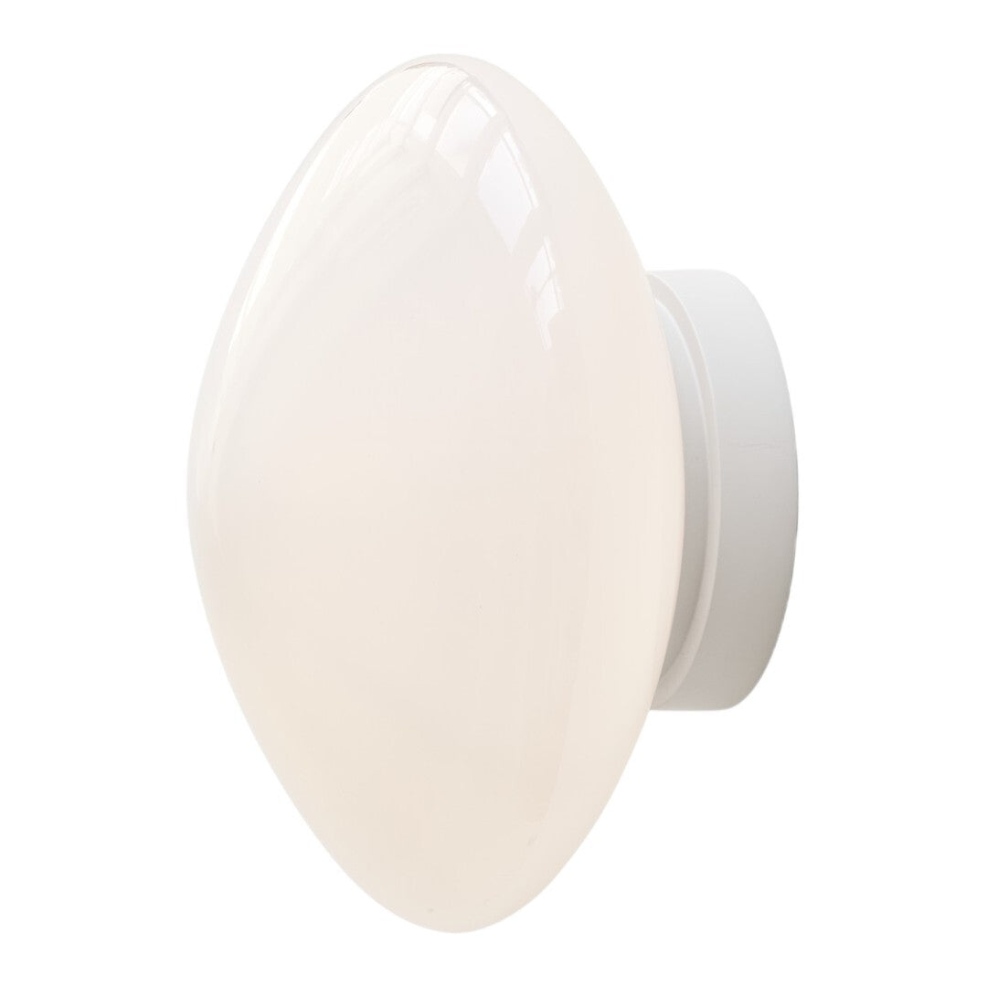 Glossy white oval wall sconce with smooth, rounded edges and minimalistic design for modern decor.