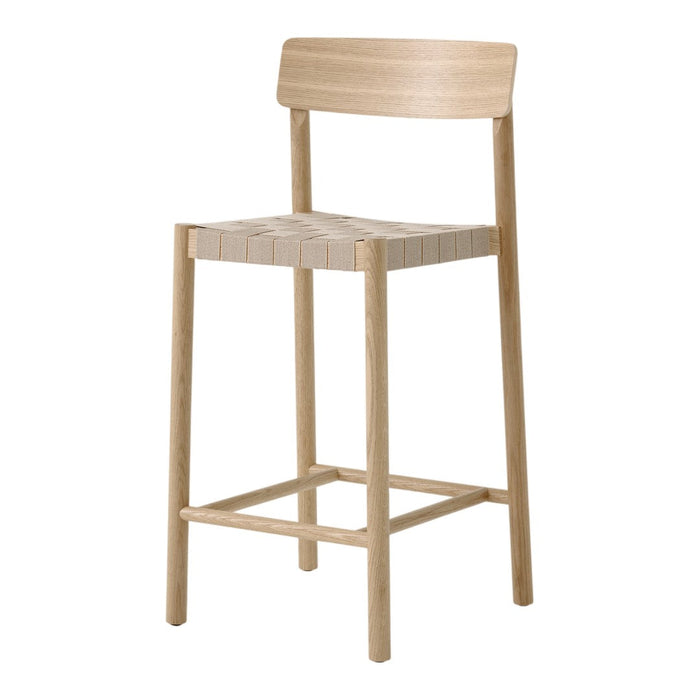 Light wood bar stool with a natural finish and striped seat design, perfect for modern or rustic decor.