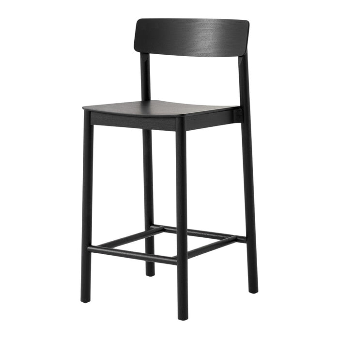 Black bar stool with a sleek, minimalist design and clean lines, perfect for modern spaces.