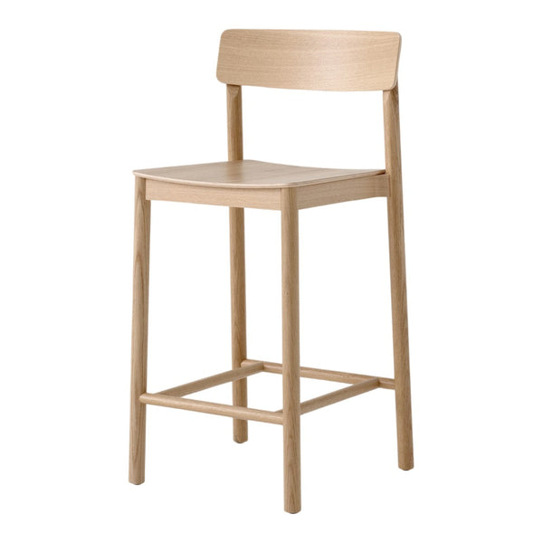 Natural wood bar stool in light beige finish with a simple, minimalist design. No patterns, smooth surfaces.