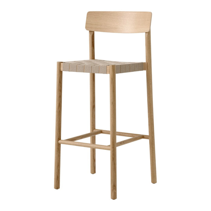 Natural wood bar stool with a light beige seat and minimalist design, featuring a smooth finish and simple lines.
