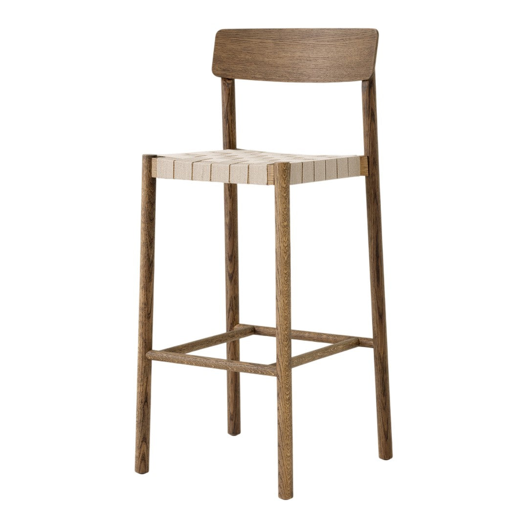Natural wood-colored bar stool with a light, slatted seat and a simple, modern design. Perfect for contemporary spaces.