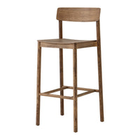 Wooden bar stool in warm brown tones with a simple, modern design featuring clean lines and no intricate patterns.