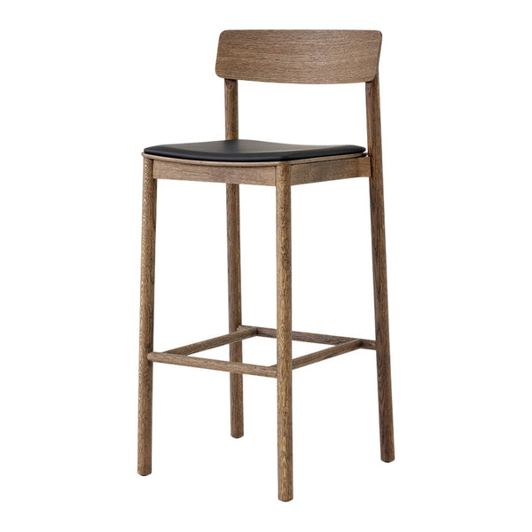 Wooden bar stool with a brown finish and a sleek black seat for contemporary decor.