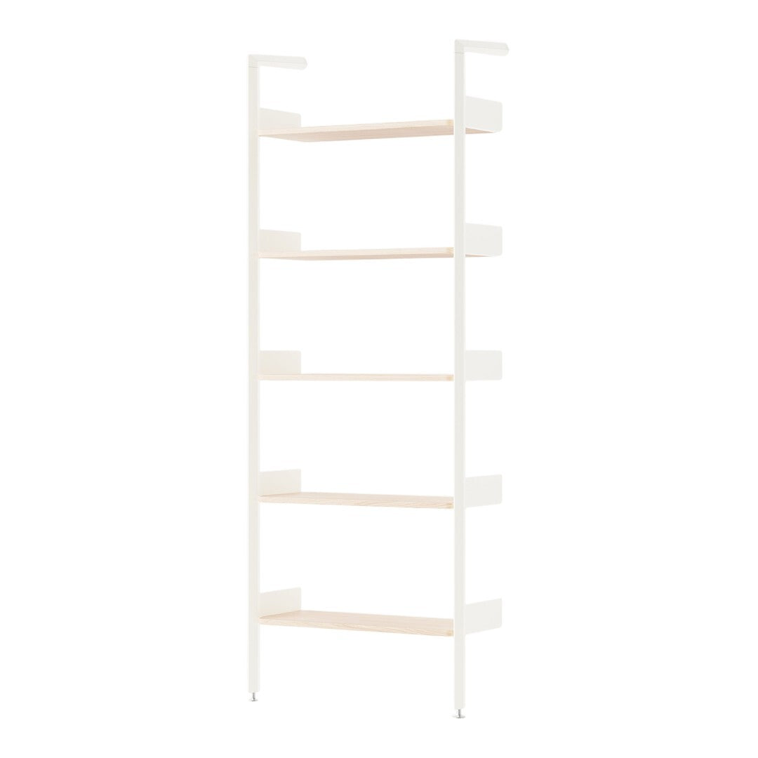 White metal frame with light wood shelves, showcasing a modern and minimalist design. Ideal for any contemporary space.