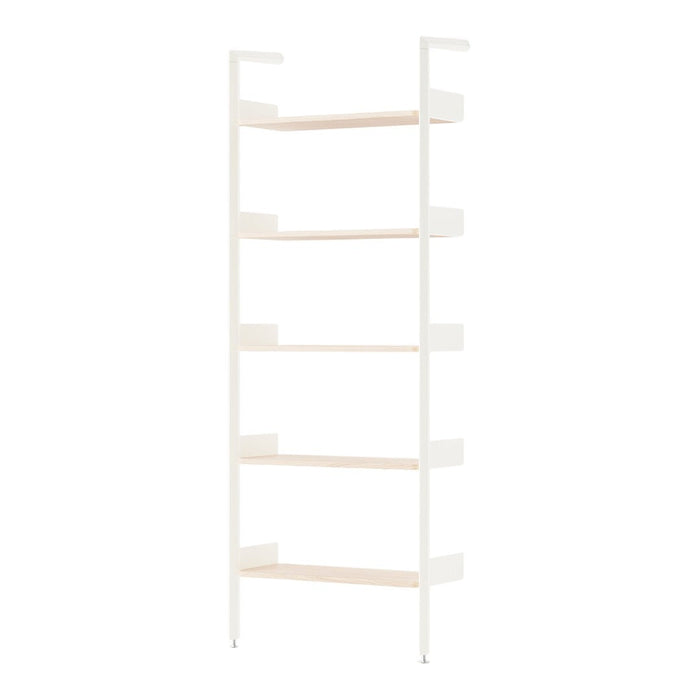 White metal frame with light wood shelves, showcasing a modern and minimalist design. Ideal for any contemporary space.