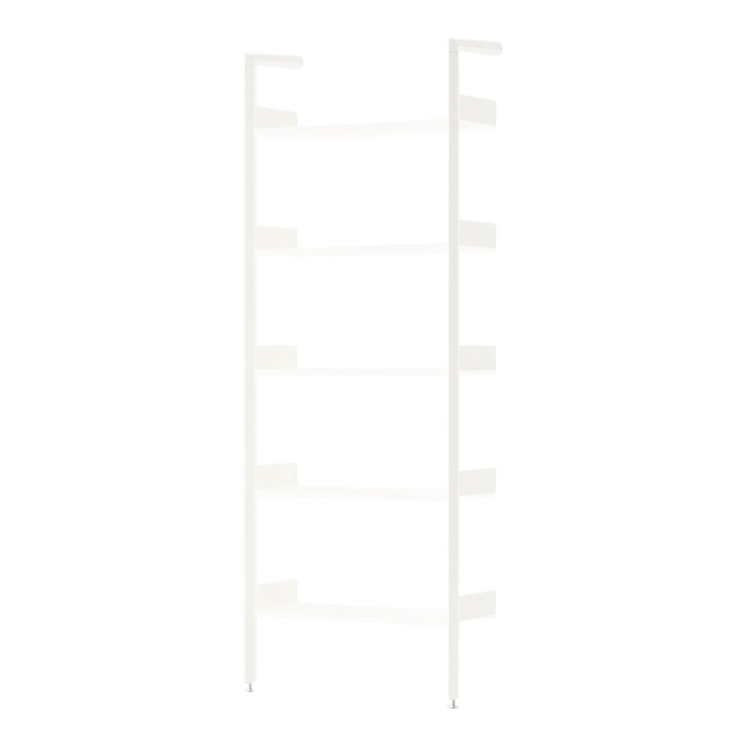 White open shelving unit with a minimalist design and smooth finish, featuring five evenly spaced shelves.