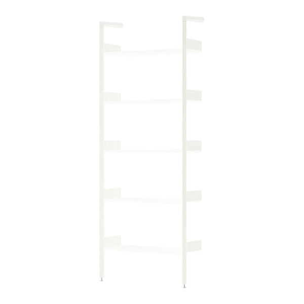 White open shelving unit with a minimalist design and smooth finish, featuring five evenly spaced shelves.