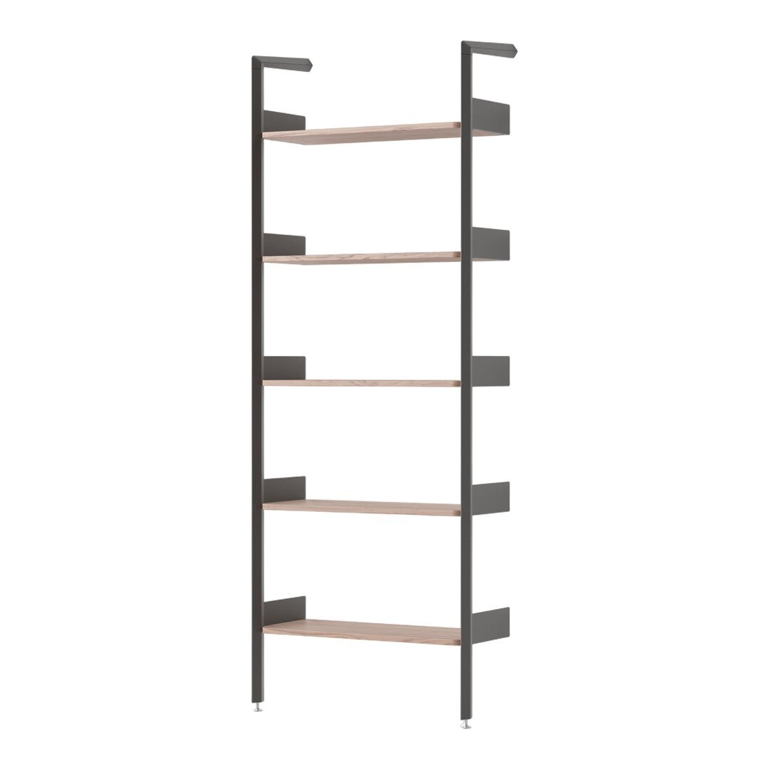 "Modern black and natural wood bookshelf with sleek lines and minimalist design, perfect for stylish storage."