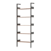 "Modern black and natural wood bookshelf with sleek lines and minimalist design, perfect for stylish storage."