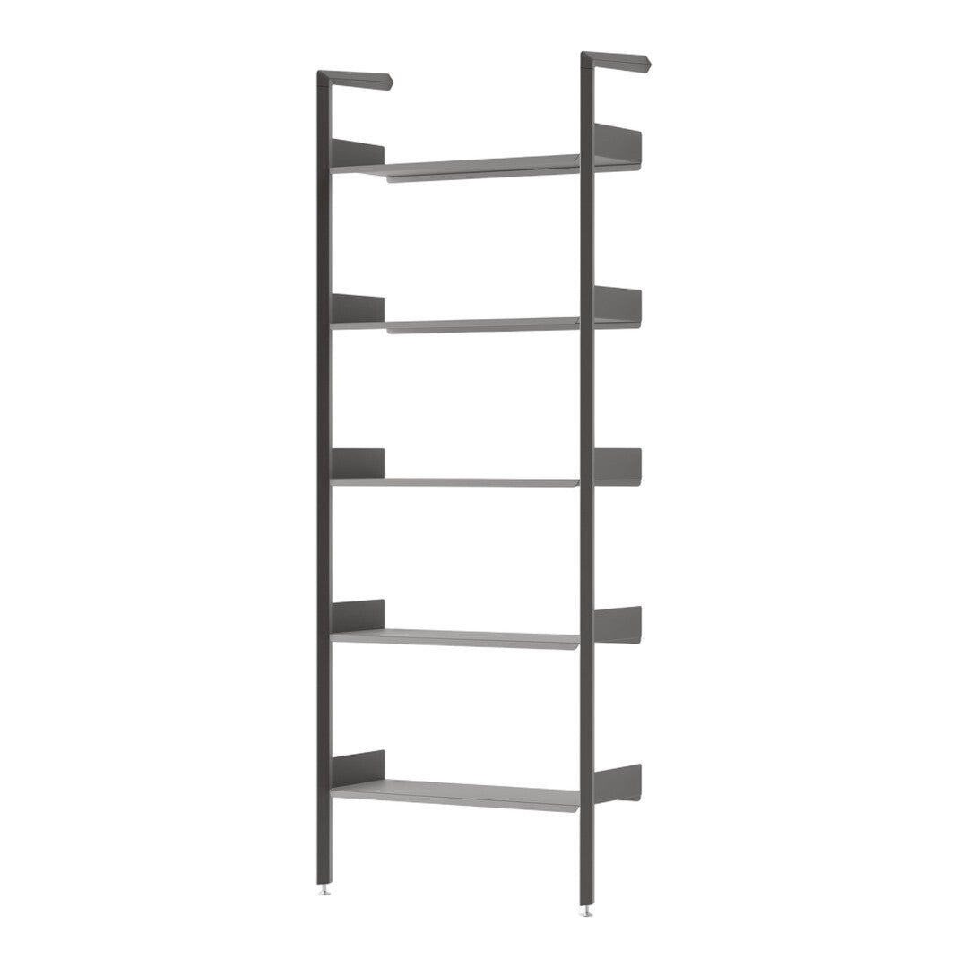 Modern gray metal shelving unit with sleek, minimalist design and multiple sturdy shelves for versatile storage.