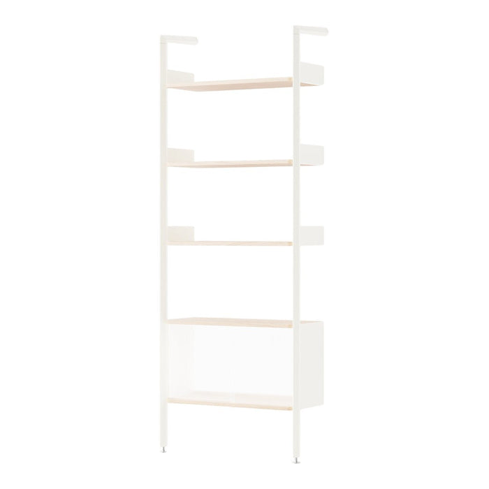 White shelving unit with light wood shelves and minimalistic design for a clean, modern look.