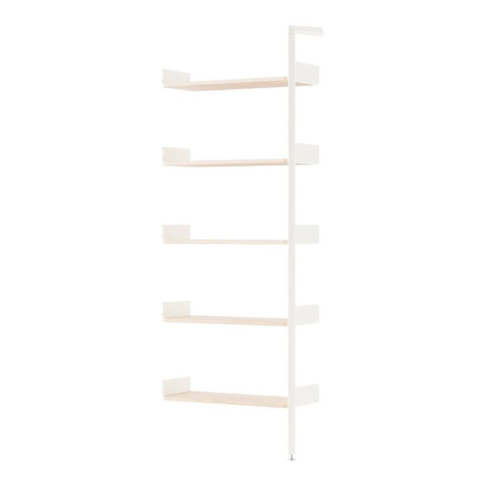 White shelving unit with light wood shelves, featuring a minimalist design and sleek lines. Perfect for modern decor.