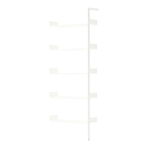 White minimalist shelving unit with four horizontal shelves and a sleek vertical frame. Ideal for modern decor.