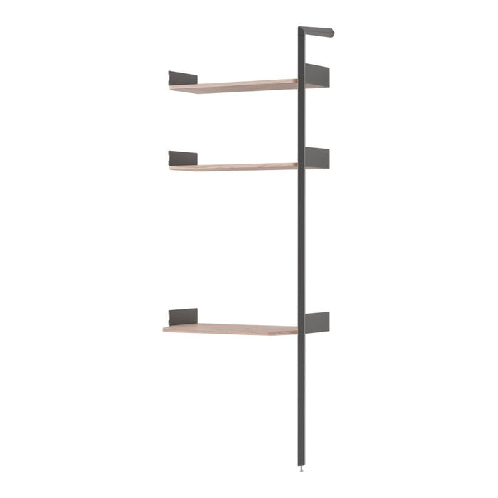 Modern black metal shelf with natural wood finish, featuring three sleek, minimalist shelves and sturdy design.