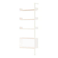 Minimalist white shelving unit with light wood accents and sleek, modern design. Perfect for contemporary spaces.