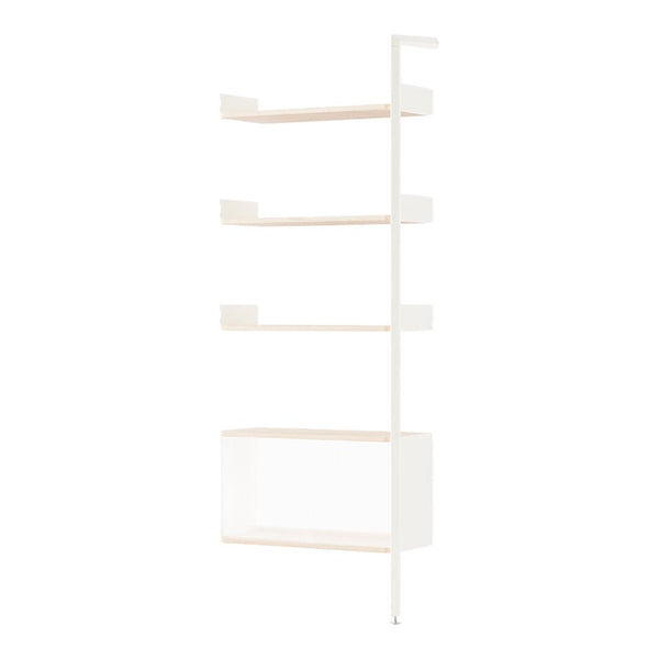 Minimalist white shelving unit with light wood accents and sleek, modern design. Perfect for contemporary spaces.