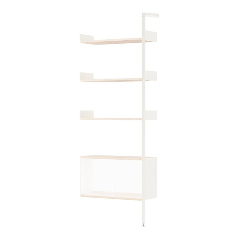 Minimalist white shelving unit with light wood accents and sleek, modern design. Perfect for contemporary spaces.