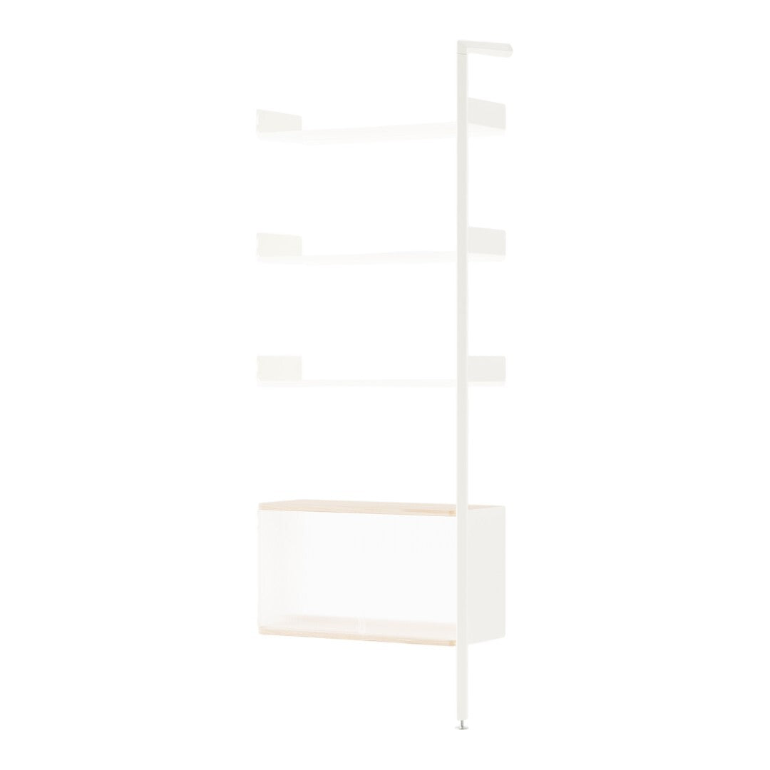 Modern white shelving unit with minimalistic design and light wood accents, showcasing a clean and airy aesthetic.
