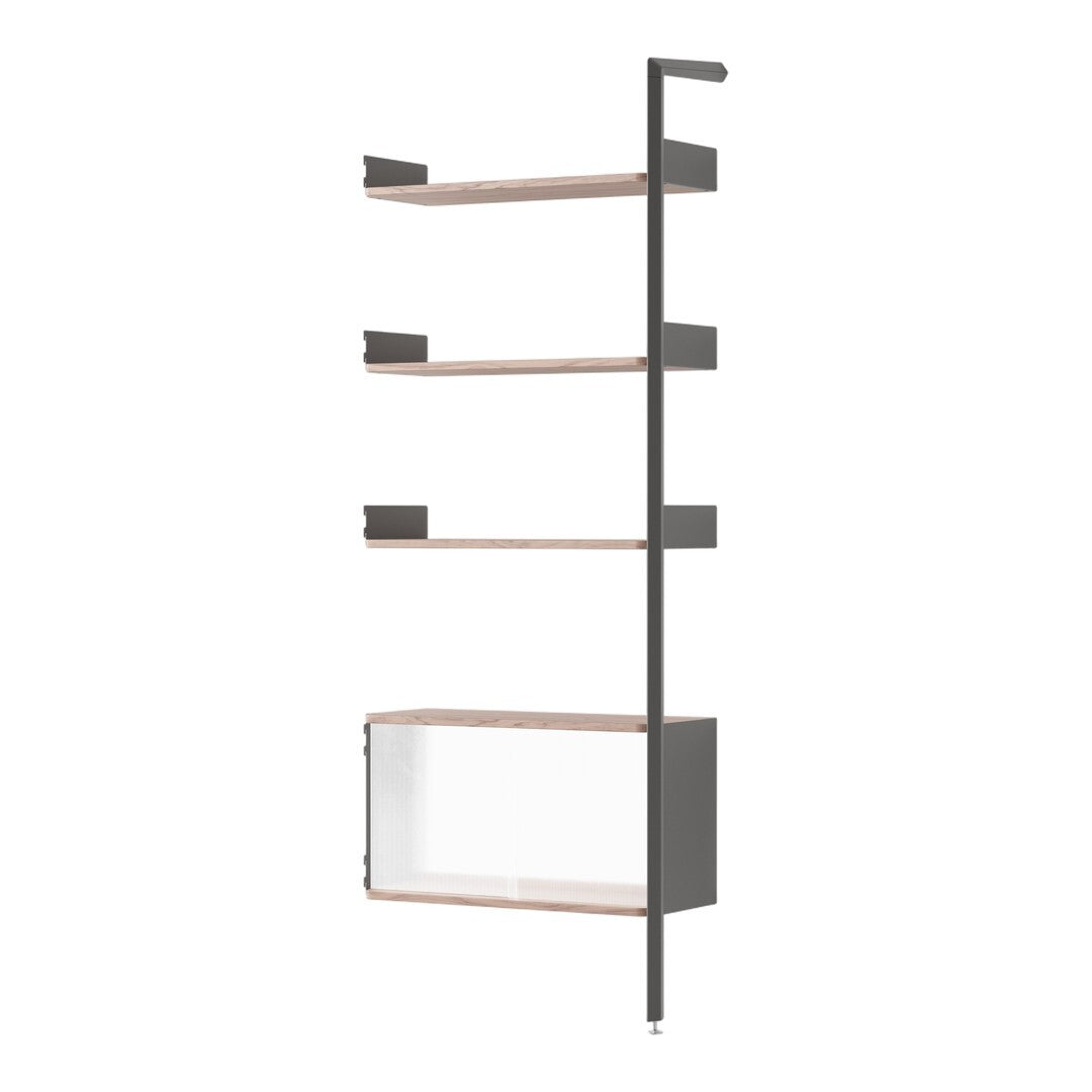 Modern shelving unit featuring light wood shelves and a sleek dark metal frame, perfect for contemporary decor.