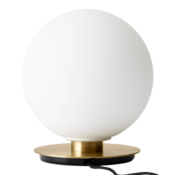 White spherical lamp with a glossy finish and a sleek brass base, perfect for modern decor.