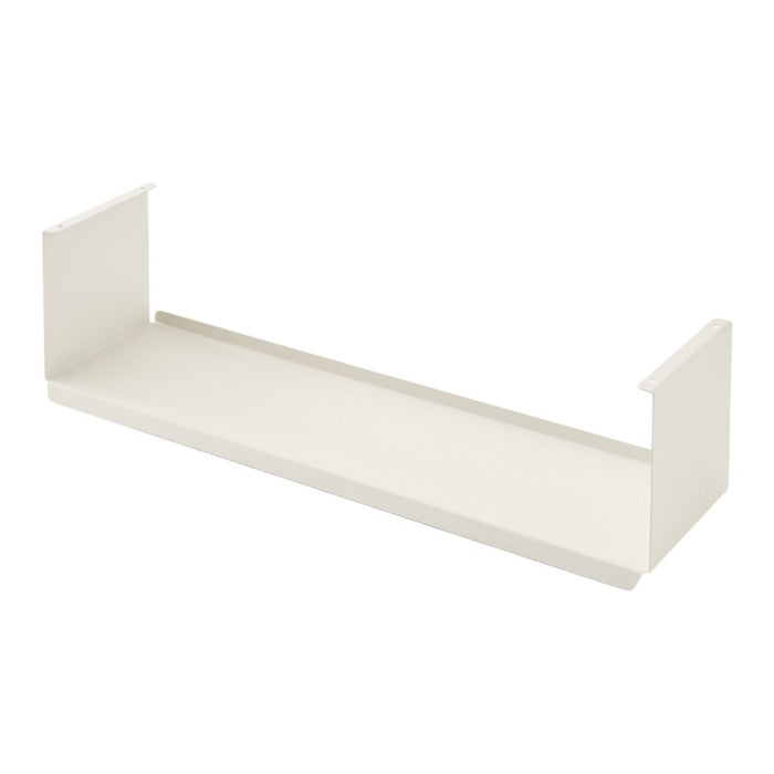 White metal shelf with a sleek, minimalist design, featuring smooth surfaces and no visible patterns.
