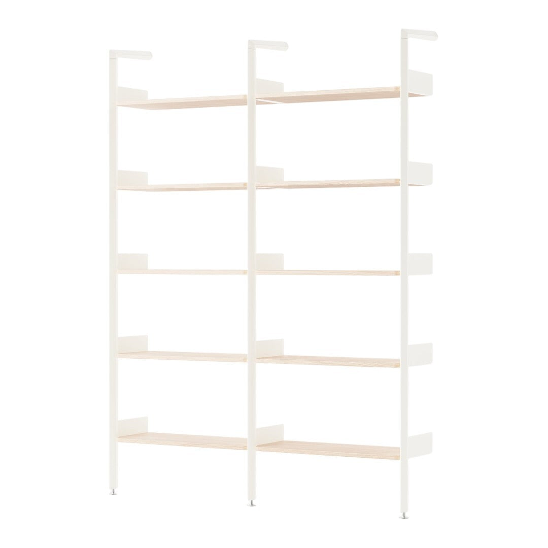 Sleek white shelving unit with light wood shelves, featuring a minimalist design and neutral color palette.
