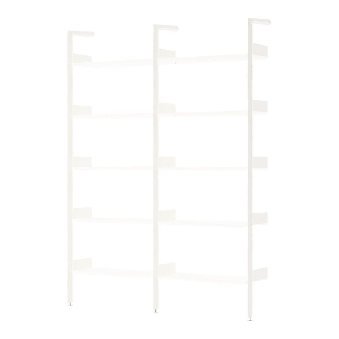 Minimalist white shelving unit with clean lines and six spacious shelves for versatile storage.