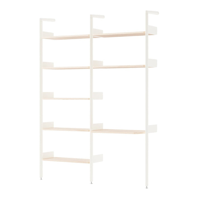White shelving unit with light wood shelves, featuring a minimalist design and clean lines. Ideal for modern decor.