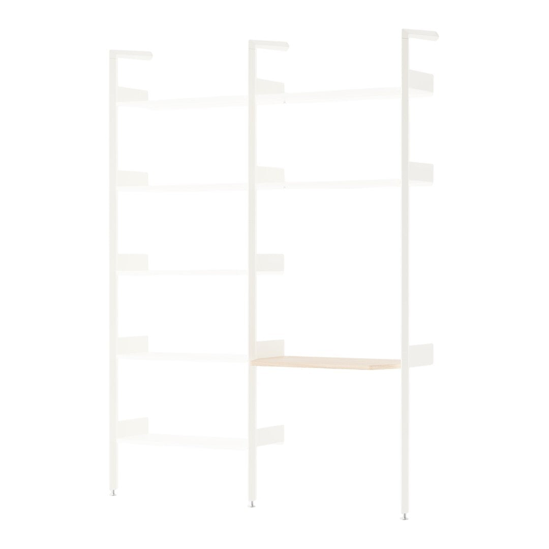 Modern shelving unit with white metal frame and light wood shelf. Clean lines and minimalist design.
