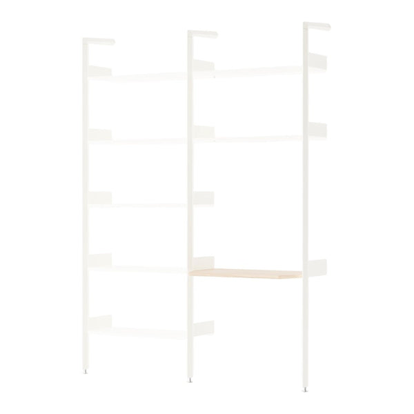 Modern shelving unit with white metal frame and light wood shelf. Clean lines and minimalist design.