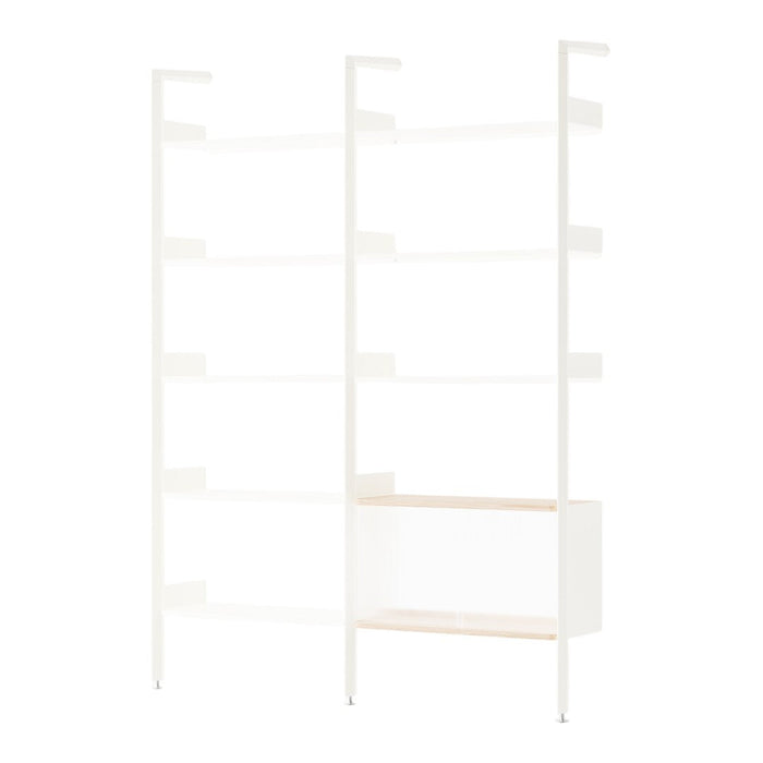 Modern white shelving unit with light wood accents, featuring a minimalist design and sleek lines.