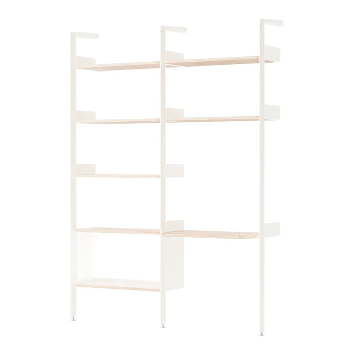 White shelving unit with light wooden shelves featuring a minimalist design and clean lines. Perfect for modern decor.