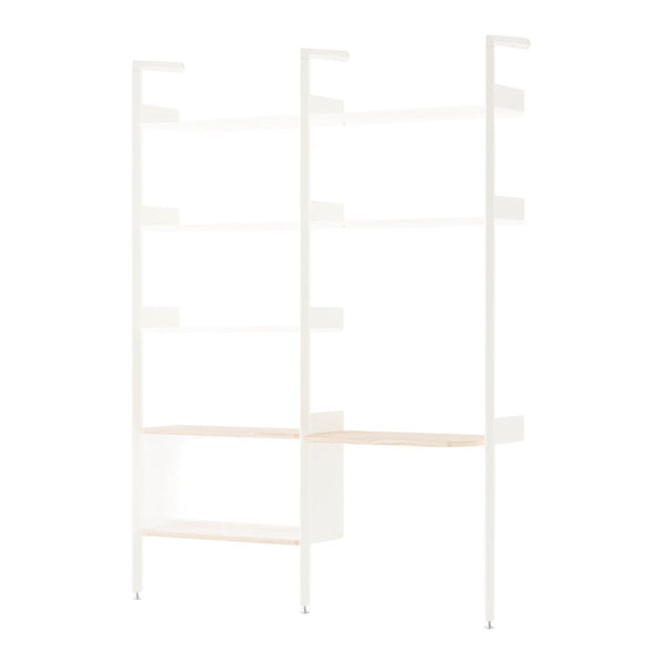 Modern white shelving unit with natural wood accents, featuring a sleek, minimalist design and clean lines.