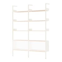 White shelving unit with natural wood shelves, minimalist design and clean lines. Perfect for modern interiors.